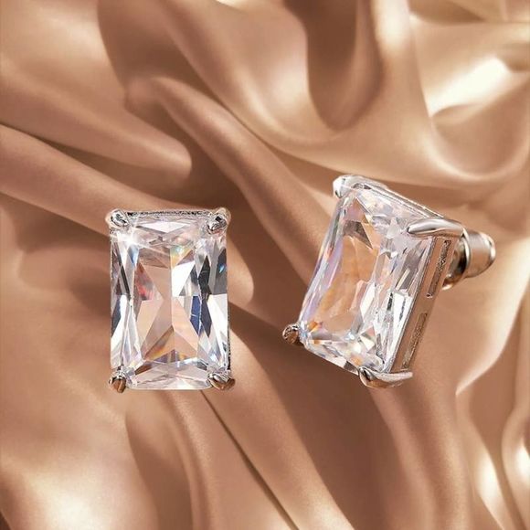 Elegant Silver Emerald Cut BlueWhite Cubic Zirconia Stud Earrings - Picture 2 of 8